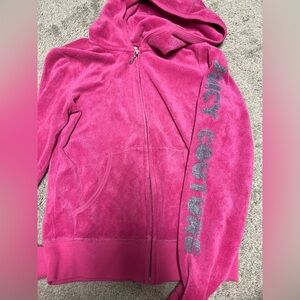 Juicy Couture Women’s Fuchsia Plush Zip Hoodie with Glitter Sleeve Logo